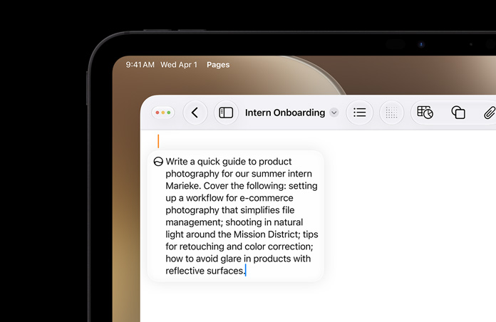 Top left corner of iPad, screen displays open Pages document, prompt for Write with Siri to draft copy