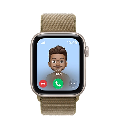 Apple Watch SE 3, screen shows incoming call from Dad, aluminum case, starlight color, connected to Sport Loop band, olive color (light brownish-green)