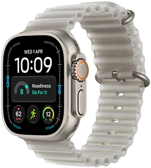 Apple Watch Ultra 4, titanium case, natural color, Modular watch face, complications: day and date, readiness, heart rate, Run workout, Weather, right side exterior, Digital Crown, raised side button, Ocean Band, translucent gray color
