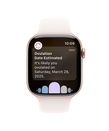 Apple Watch Series 10, white Sport Band, front, UI reads  Ovulation, Cycle History