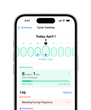 iPhone 16, front, UI reads Health, Cycle Tracking