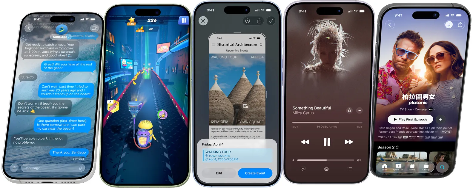 iPhone 17 devices spinning end over end, stopping on screens showing iPhone features