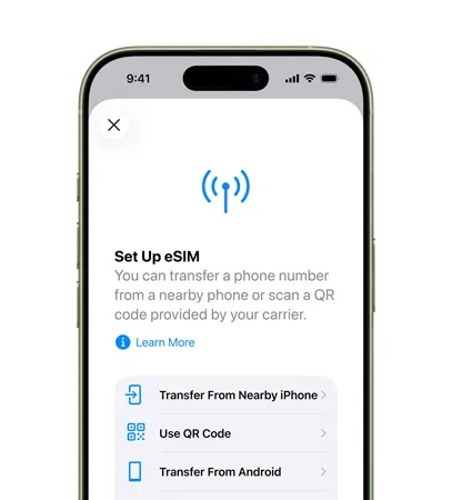 iPhone 17, front exterior, using the Set Up Cellular feature to easily transfer a phone number with eSIM