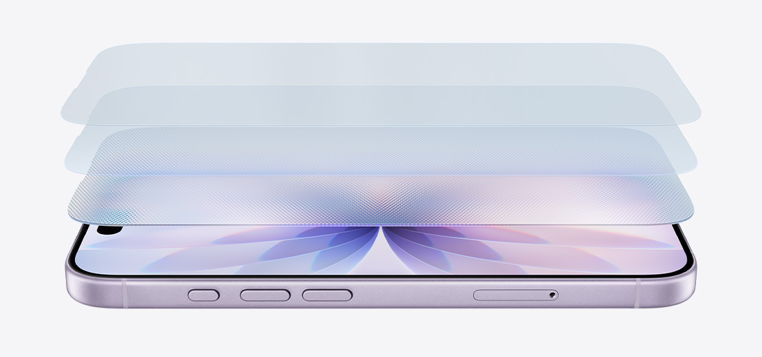 iPhone 17 horizontal on its side in Lavender finish, with a layered design showcasing Ceramic Shield 2