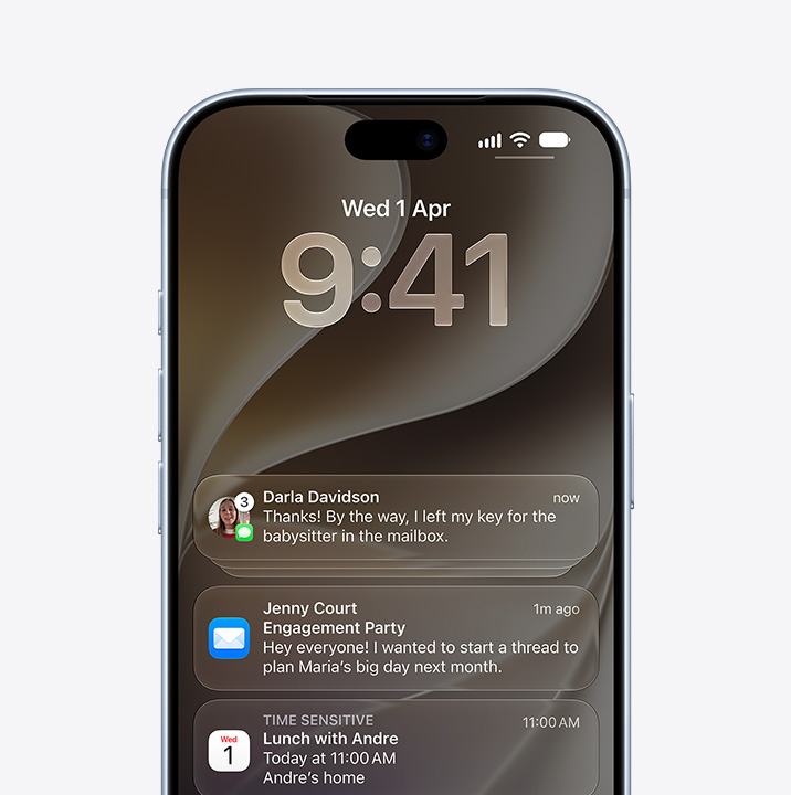 iPhone 18 Pro, front exterior, Messages, Mail, and Calendar app notifications on locked screen