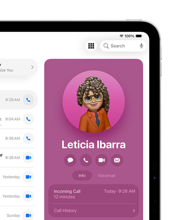 iPad, front right of screen showing a contact card in the Phone app open with options to Message, Call, and more