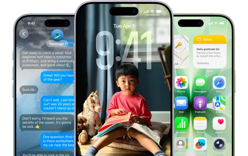 霧藍色、薰衣草紫色和鼠尾草綠色 iPhone 17 裝置機身正面,各自展示 iOS 功能,包括訊息對話背景、Liquid Glass 鎖定畫面,以及展示多款 app 的 Liquid Glass 主畫面