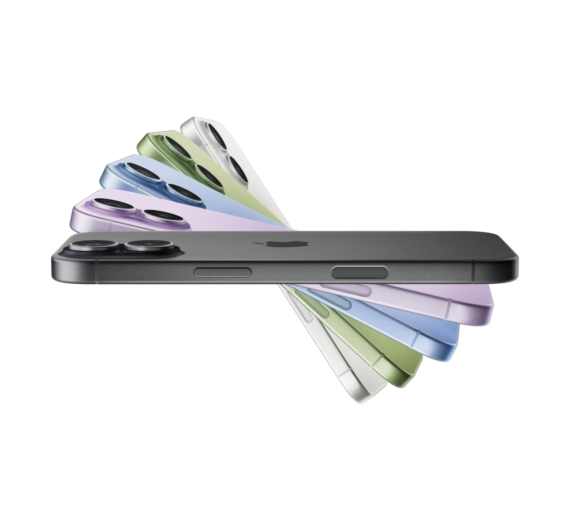 幾部 iPhone 17 裝置呈扇形排列,顏色分別為黑色、薰衣草紫色、霧藍色、鼠尾草綠色、白色