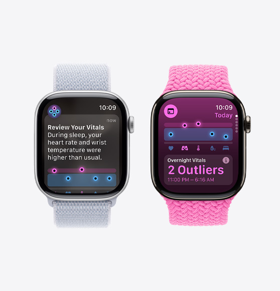 Prikaz obavijesti o vitalnim podacima na Apple Watchu Series 10 i prikaz podataka iz aplikacije Vitalni podaci prikupljenih tijekom noći, s dvije istaknute vrijednosti izvan raspona.