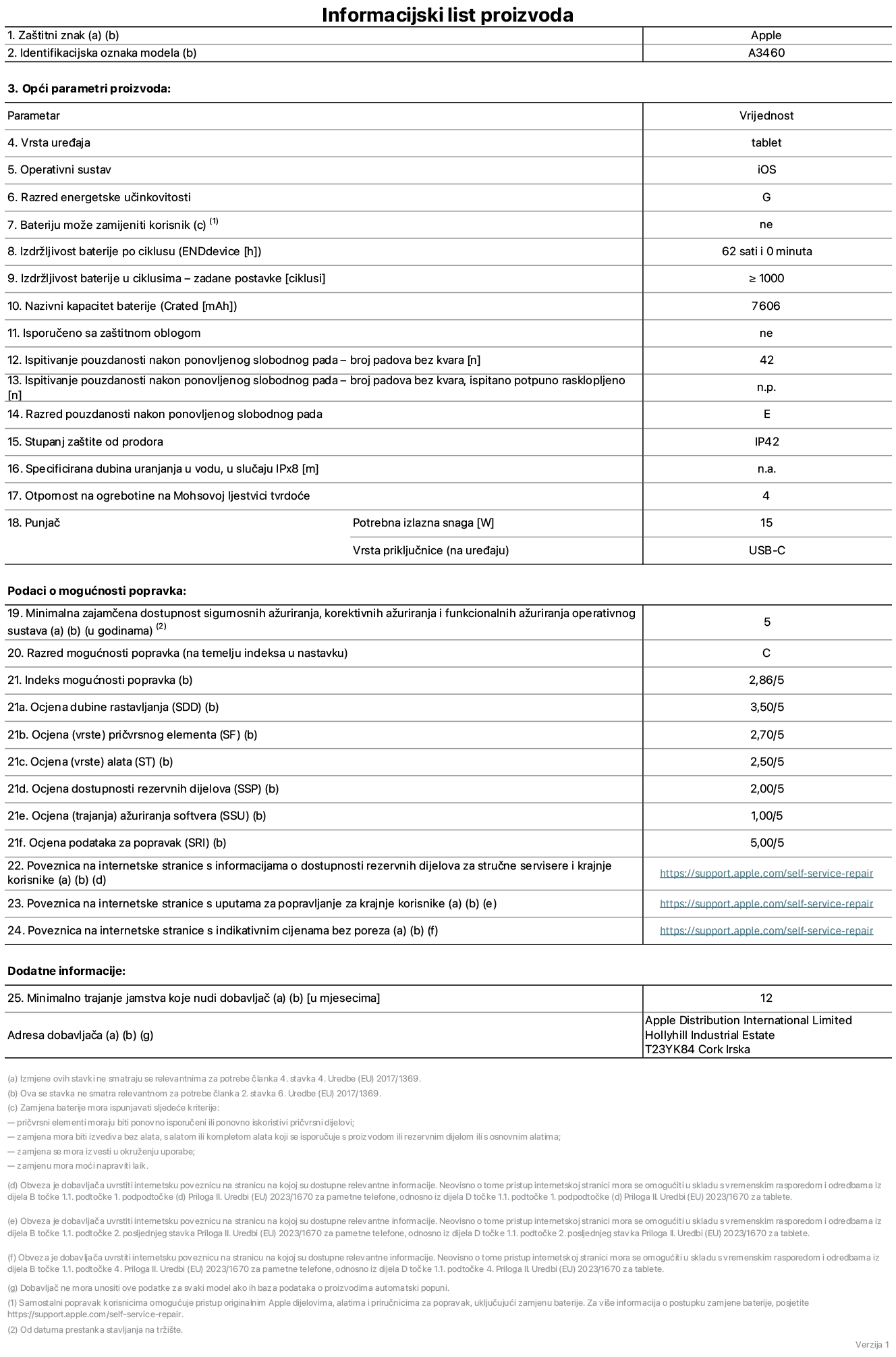 List s informacijama o proizvodu za 11-inčni iPad Air Wi-Fi + Cellular, model A3460. Isporučuje Apple Distribution International Limited, Hollyhill Industrial Estate. Cork, Irska, T23 YK84. Vrsta uređaja: tablet. Operativni sustav: iOS. Klasa energetske učinkovitosti: G. Baterija koju može zamijeniti korisnik: ne. Trajanje baterije po ciklusu: 62 sata. Trajanje baterije u ciklusima - zadane postavke: 1000 ili više. Nazivni kapacitet baterije: 7606 mAh. Isporučeno sa zaštitnom maskom: ne. Test pouzdanosti pri višekratnim slobodnim padovima - broj padova bez kvara: 42 ili više. Test pouzdanosti pri višekratnim slobodnim padovima - broj padova bez kvara testiranih u potpuno proširenom stanju: nije primjenjivo. Klasa pouzdanosti pri višekratnim slobodnim padovima: E. Ocjena zaštite od prodiranja: IP42. Specificirana dubina uranjanja u vodu u slučaju ocjene iPx8: nije primjenjivo. Otpornost na grebanje zaslona na Mohsovoj ljestvici tvrdoće: 4. Potrebna izlazna snaga punjača: 15 W. Vrsta utičnice punjača (na strani uređaja): USB-C. Minimalna zajamčena dostupnost sigurnosnih ažuriranja operativnog sustava, korektivnih ažuriranja i ažuriranja funkcija: 5 godina. Klasa popravljivosti: C. Indeks popravljivosti: 2,86/5. Ocjena dubine rastavljanja (SDD): 3,5/5. Ocjena pričvrsnih elemenata: 2,7/5. Ocjena alata: 2,5/5. Ocjena rezervnih dijelova: 2/5. Ocjena ažuriranja softvera: 1/5. Ocjena informacija o popravcima: 5/5. Poveznica koja vodi do informacija o dostupnosti rezervnih dijelova za profesionalne servisere i krajnje korisnike: https://ancillary-proxy.atarimworker.io?url=https%3A%2F%2Fsupport.apple.com%2Fself-service-repair. Poveznica koja vodi do uputa za popravljanje za krajnje korisnike: https://ancillary-proxy.atarimworker.io?url=https%3A%2F%2Fsupport.apple.com%2Fself-service-repair. Poveznica koja vodi do indikativnih cijena prije poreza: https://ancillary-proxy.atarimworker.io?url=https%3A%2F%2Fsupport.apple.com%2Fself-service-repair. Ponuđeno je 12-mjesečno općenito jamstvo.