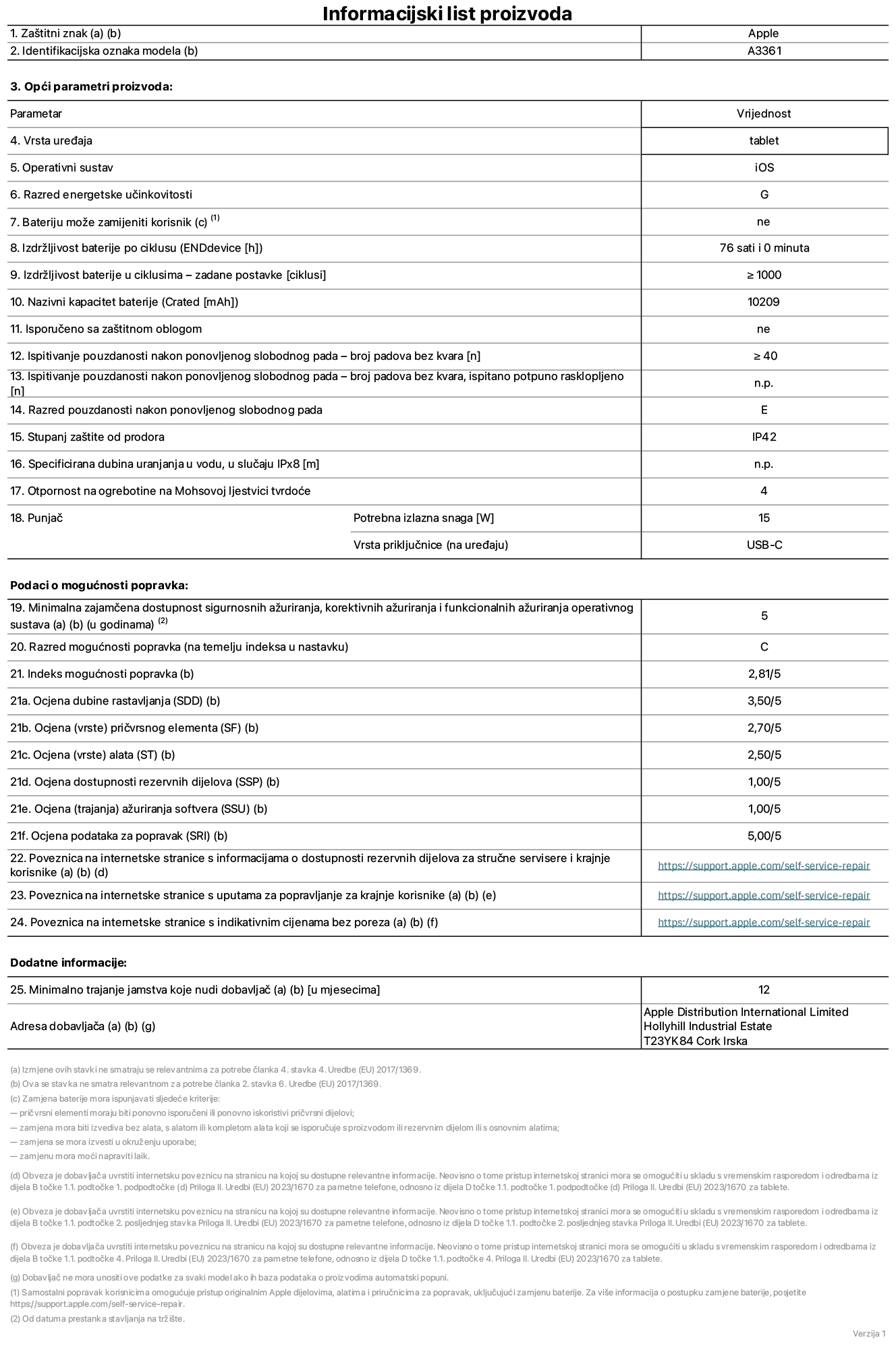 List s informacijama o proizvodu za 13-inčni iPad Pro M5 Wi-Fi + Cellular, model A3361. Isporučuje Apple Distribution International Limited, Hollyhill Industrial Estate. Cork, Irska, T23 YK84. Vrsta uređaja: tablet. Operativni sustav: iOS. Klasa energetske učinkovitosti: G. Baterija koju može zamijeniti korisnik: ne. Trajanje baterije po ciklusu: 76 sati. Trajanje baterije u ciklusima – zadane postavke: 1000 ili više. Nazivni kapacitet baterije: 10.209 mAh Isporučeno sa zaštitnom maskom: ne. Test pouzdanosti pri višekratnim slobodnim padovima – broj padova bez kvara: 40 ili više. Test pouzdanosti pri višekratnim slobodnim padovima – broj padova bez kvara testiranih u potpuno proširenom stanju: nije primjenjivo. Klasa pouzdanosti pri višekratnim slobodnim padovima: E. Ocjena zaštite od prodiranja: IP42. Specificirana dubina uranjanja u vodu u slučaju ocjene iPx8: nije primjenjivo. Otpornost na grebanje zaslona na Mohsovoj ljestvici tvrdoće: 4. Potrebna izlazna snaga punjača: 15 W. Vrsta utičnice punjača (na strani uređaja): USB-C. Minimalna zajamčena dostupnost sigurnosnih ažuriranja operativnog sustava, korektivnih ažuriranja i ažuriranja funkcija: 5 godina. Klasa popravljivosti: C. Indeks popravljivosti: 2,81/5. Ocjena dubine rastavljanja (SDD): 3,5/5. Ocjena pričvrsnih elemenata: 2,7/5. Ocjena alata: 2,5/5. Ocjena rezervnih dijelova: 1/5. Ocjena ažuriranja softvera: 1/5. Ocjena informacija o popravcima: 5/5. Poveznica koja vodi do informacija o dostupnosti rezervnih dijelova za profesionalne servisere i krajnje korisnike: https://ancillary-proxy.atarimworker.io?url=https%3A%2F%2Fsupport.apple.com%2Fself-service-repair. Poveznica koja vodi do uputa za popravljanje za krajnje korisnike: https://ancillary-proxy.atarimworker.io?url=https%3A%2F%2Fsupport.apple.com%2Fself-service-repair. Poveznica koja vodi do indikativnih cijena prije poreza: https://ancillary-proxy.atarimworker.io?url=https%3A%2F%2Fsupport.apple.com%2Fself-service-repair. Ponuđeno je 12-mjesečno općenito jamstvo.