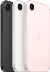 iPhone 17e, bočna i stražnja strana, crna boja, bočna i stražnja strana, bijela boja, bočna i stražnja strana, blijedo ružičasta, Fusion kamera pri vrhu, bočna tipka