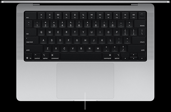 Pogled odozgo na otvoreni 14-inčni MacBook Pro s prikazom Force Touch trackpada, smještenog ispod tipkovnice