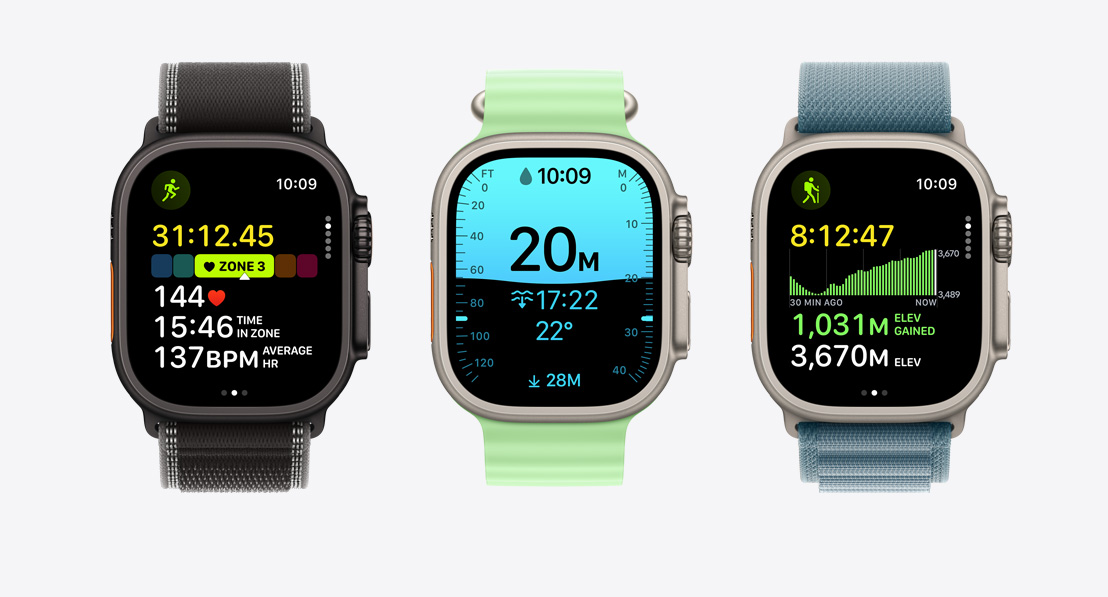 Apple Watch Ultra 3 uređaji, kućišta od titanija, prirodna i crna boja, zasloni aplikacije Trening: trčanje, ronjenje, planinarenje, remeni: narukvica Trail, boja crna/ugljen, remen Ocean, neon zelena boja, narukvica Alpine, plavičasto siva boja