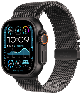 Apple Watch Ultra 2 s kućištem od crnog titanija i remenom Milanese Loop boje crnog titanija.