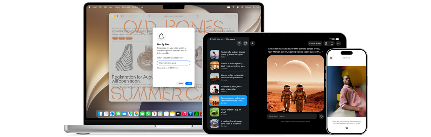 Három termék, köztük egy 14 hüvelykes ezüstszínű MacBook Pro, amelyen az Értesítést kérek funkció van használatban, egy 11 hüvelykes ezüstszínű iPad Pro, amelyen az Image Playground oldalsávján található listából kiválasztott két űrhajós képe látható, valamint egy ezüstszínű iPhone 17 Pro, amelyen az Átkeretezés funkcióval szerkesztenek egy pultra támaszkodó emberről készült képet.