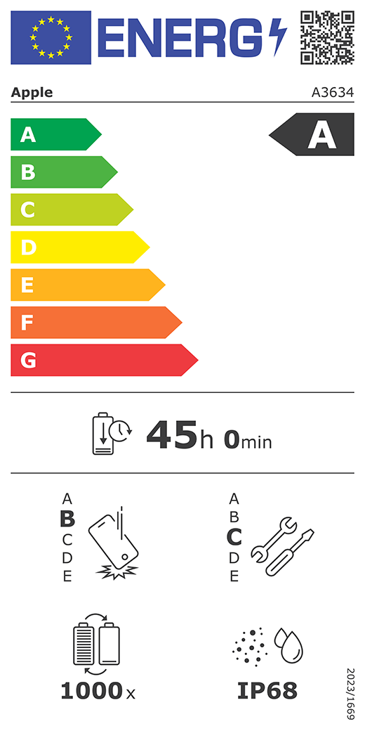 Európai uniós energiacímke QR-kóddal és információkkal. Az A3634-es Apple-modell A osztályú az energiahatékonysági osztályok A-tól (leghatékonyabb) G-ig (legkevésbé hatékony) terjedő skáláján. Az akkumulátor ciklusonkénti tartóssága 45 óra és 0 perc (teljesen feltöltött akkumulátorról). A termék B osztályú az ismételt leejtés elleni védelem A-tól (legellenállóbb) E-ig (legkevésbé ellenálló) terjedő skáláján és C osztályú a javíthatóság A-tól (leginkább javítható) E-ig (legkevésbé javítható) terjedő skáláján. Az akkumulátor tartóssága 1000 ciklus. IP68-as por- és vízállósági besorolás, 2023/1669-es rendelet.