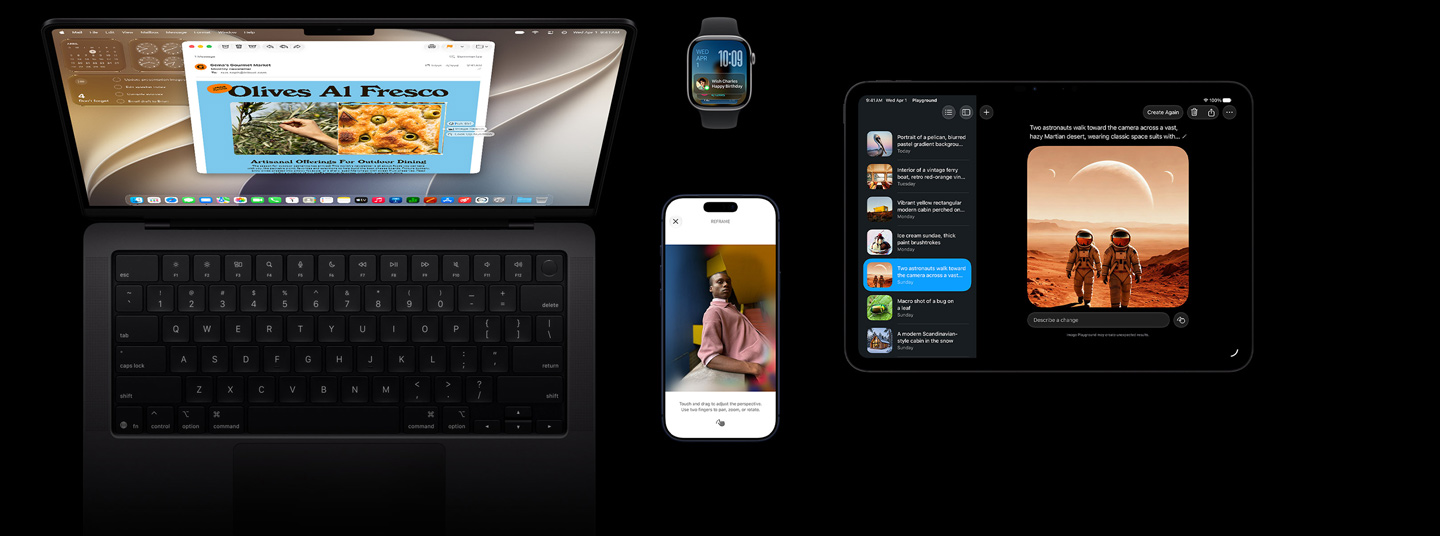 A következő négy termék jelenik meg: mélykék iPhone 17 Pro, asztroszürke 42 mm-es Apple Watch Series 11, asztrofekete 14 hüvelykes MacBook Pro és asztrofekete 11 hüvelykes iPad Pro.