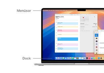 A macOS navigációs lehetőségeiről készült bemutató, benne a MacBook képernyőjének tetején található menüsorral és a Dockkal.