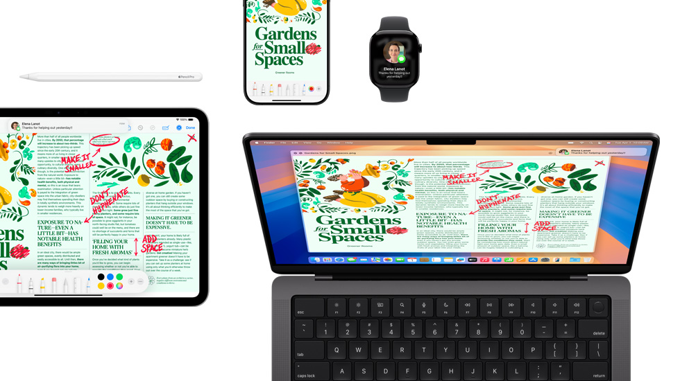 Rangkaian perangkat yang meliputi iPad, iPhone, Watch, dan Mac, semuanya menampilkan konten yang sama.