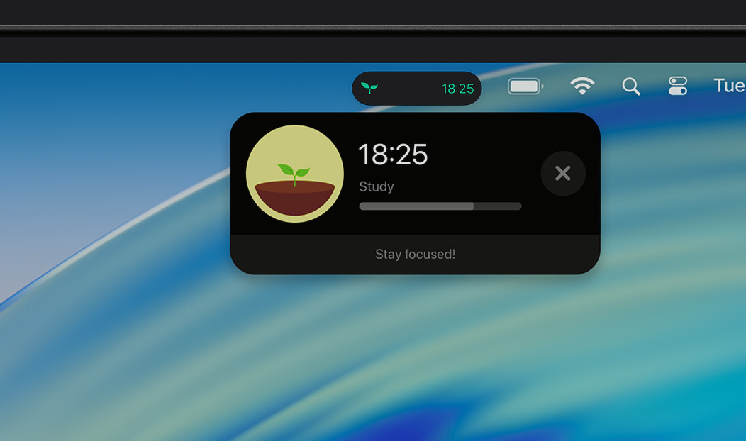 MacBook Pro, pemberitahuan Aktivitas Langsung menampilkan aplikasi Forest