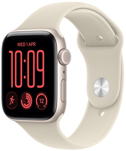 Apple Watch SE 3, aluminium case, starlight colour, right side exterior, Digital Crown dial, microphone, side button, connected to Sport Band, sand colour (pale tan), pin-and-tuck closure (silver pin)