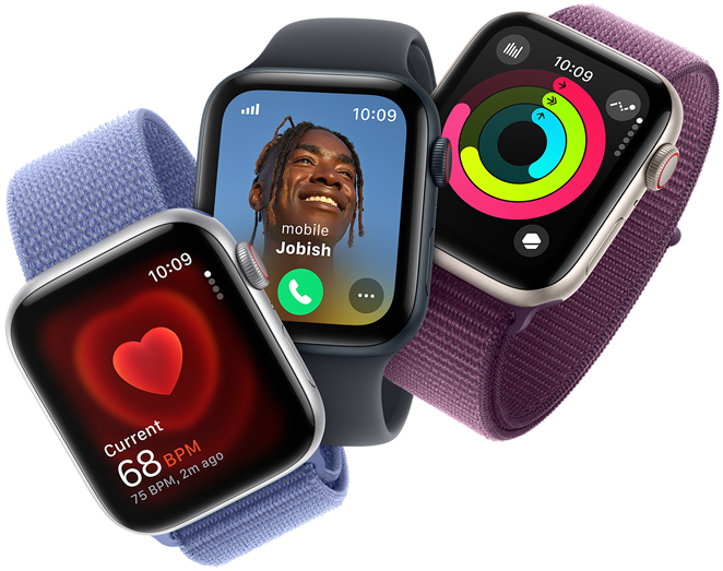 Three Apple Watch SE devices showing heart rate monitoring, an incoming call and activity rings