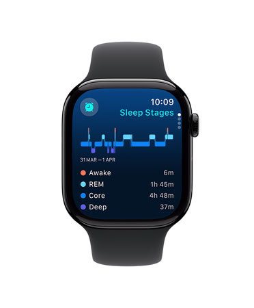 Apple Watch Series 10 front, black Sport Band, UI reads Sleep, Sleep Stages, Analysis, and Time Asleep