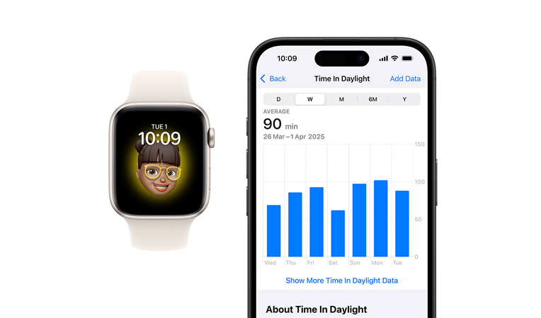 Apple Watch SE, white Sport Band, front, display shows Clock, Memoji, next to it iPhone 16 front, display shows Health, Time In Daylight Graph