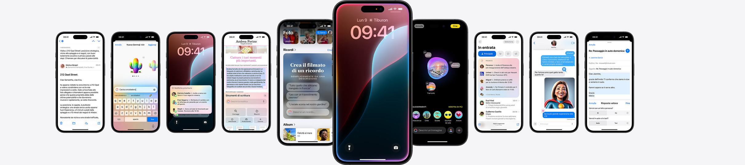 Vari iPhone che mostrano le funzioni di Apple Intelligence.