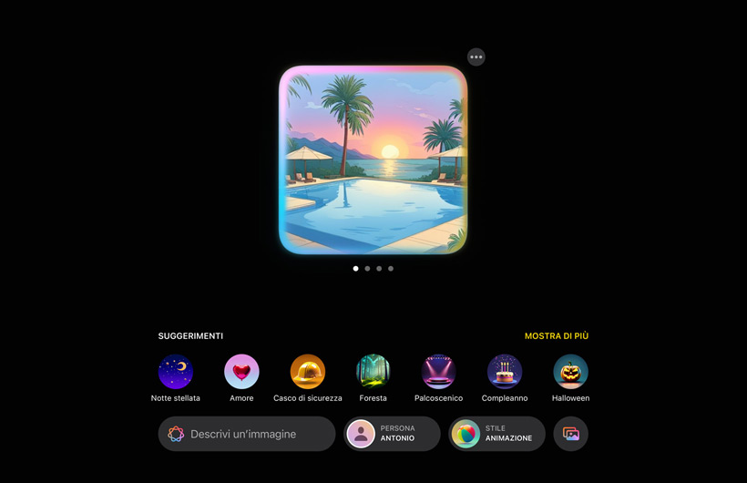 L’interfaccia di Image Playground con l’illustrazione di una piscina in un panorama tropicale e il tramonto sullo sfondo, con suggerimenti di altri elementi da aggiungere all’immagine