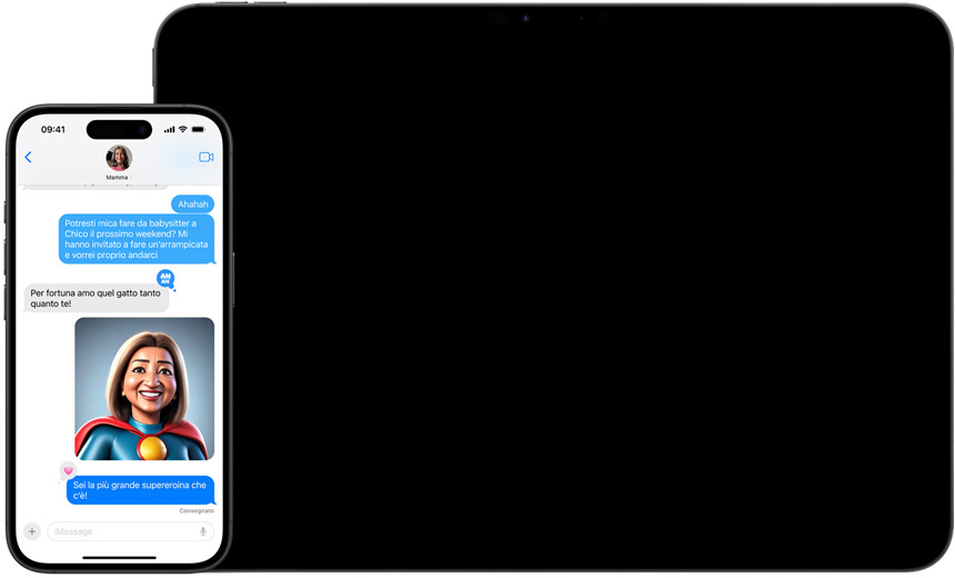 Un iPhone con immagini personalizzate nell’app Messaggi e un iPad con la funzione Bacchetta immagini nell’app Note.