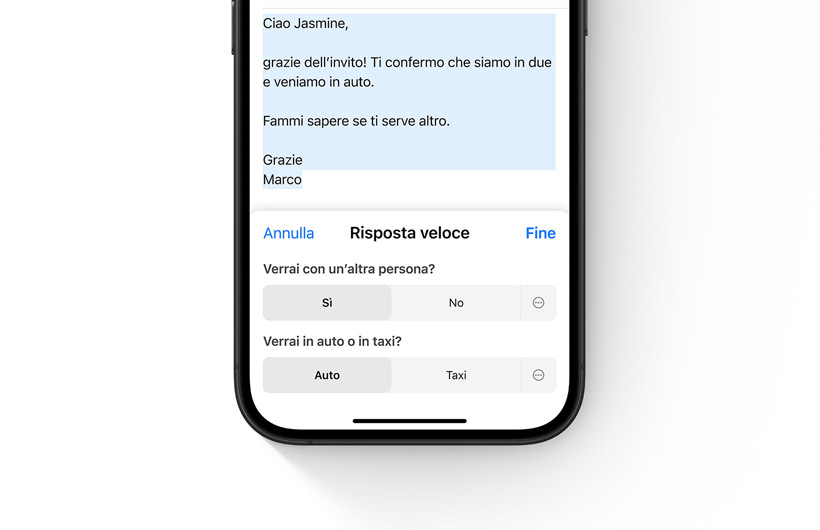 Un iPhone con le opzioni Risposta veloce in Mail.