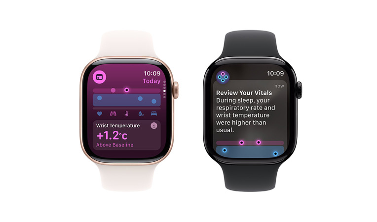 Un Apple Watch Series 10, cinturino Sport bianco, l’interfaccia mostra le scritte Parametri Vitali, Temperatura polso, con accanto un altro Apple Watch Series 10, cinturino Sport nero, l’interfaccia mostra le scritte Parametri Vitali, Temperatura polso, Frequenza cardiaca, Analisi