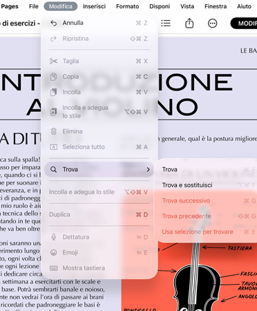 Primo piano della barra dei menu con opzioni per Annulla, Ripristina, Taglia, Copia, Incolla e altro 