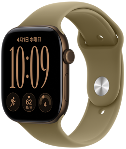 ダークブロンズのアルミニウムケースのApple Watch Series 12。モジュラーの文字盤に、曜日と日付、ワークアウト、心拍数、準備度のコンプリケーションが表示されている。外観の右側面にはDigital Crownとサイドボタンがあり、オリーブのスポーツバンドが付いている
