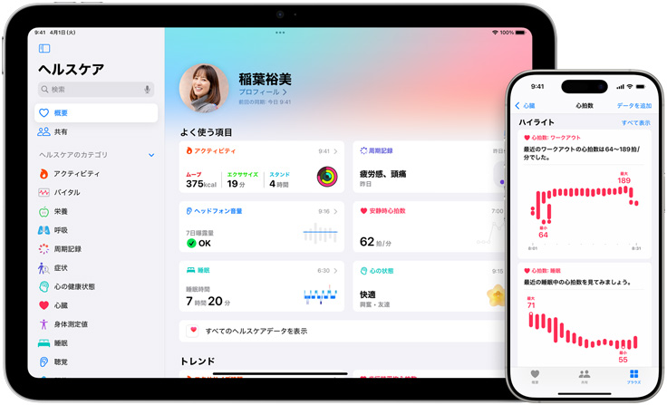ヘルスケアアプリの「概要」と「よく使う項目」が表示されているディスプレイ。その横のディスプレイには、ヘルスケアアプリの「心拍数」と「ハイライト」が表示されている