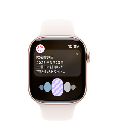 Apple Watch Series 10、ホワイトスポーツバンド、前面、UIに排卵と周期の履歴が表示されている