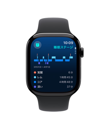 Apple Watch Series 10の前面、ブラックスポーツバンド、UIに睡眠アプリの睡眠ステージ、分析、睡眠時間が表示されている
