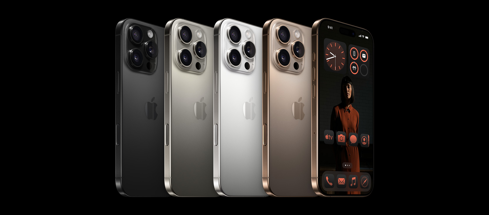 iPhone 16 Proの背面。ブラックチタニウム、ナチュラルチタニウム、ホワイトチタニウム、デザートチタニウムの4つの仕上げ。デザートチタニウムのiPhone 16 Proの前面