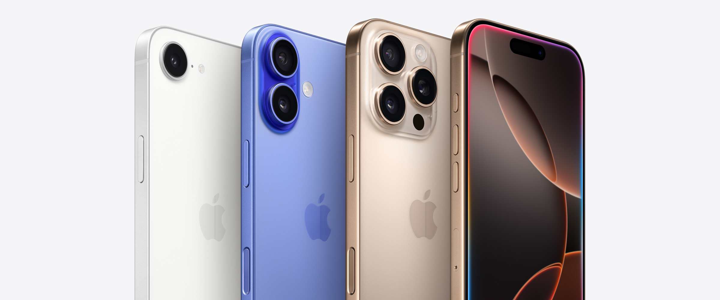 4台のiPhoneデバイス。2台のiPhone 16 Proモデルはデザートチタニウムの仕上げ。そのうち1台は3つのカメラレンズが見えていて、手前にあるもう1台のiPhone 16 ProにはDynamic Islandが表示されている。その横には2つのカメラレンズが見えるウルトラマリンのiPhone 16モデルと、1つのカメラレンズが見えるホワイトのiPhone 16eモデルがある