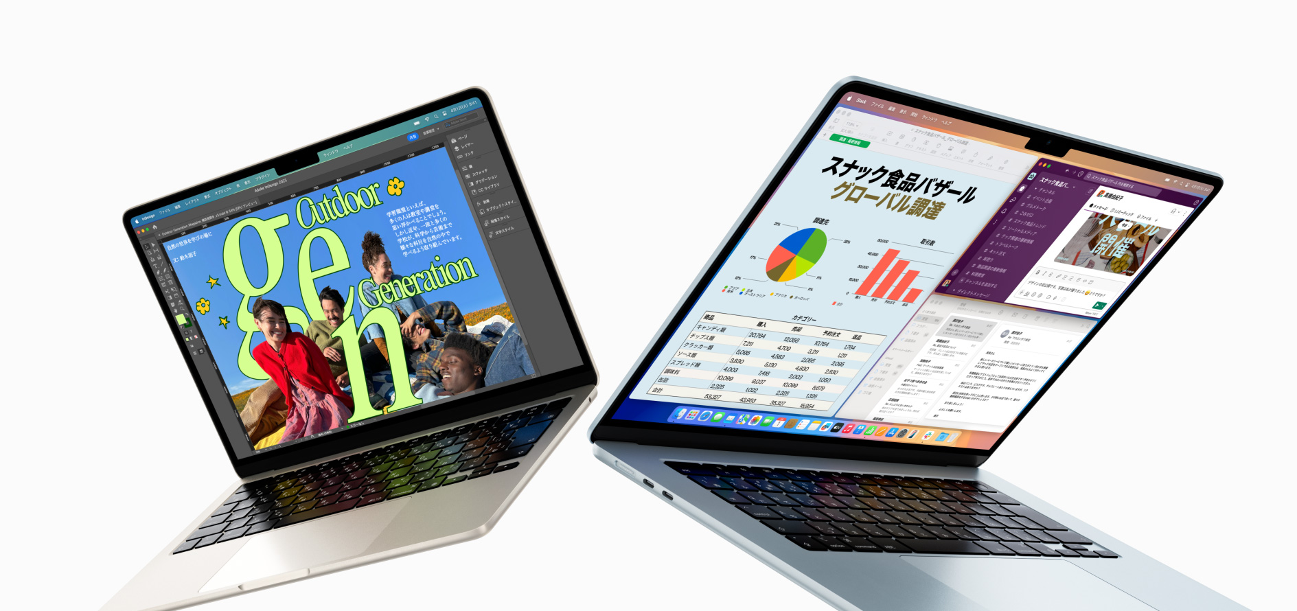 半分開いた状態の13インチと15インチMacBook Air。一つのスクリーンは作業中のデザインプロジェクト、もう一つのスクリーンはEメールとスプレッドシートを使ったマルチタスキングの様子を映し出している