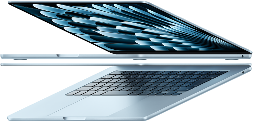 2台のスカイブルーのMacBook Airノートブックが開いて矢印のような形状になっており、薄い側面が強調されている