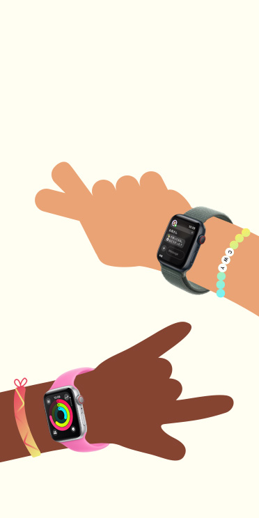 2人の子どもの手のイラスト。それぞれがApple Watch SEを装着している