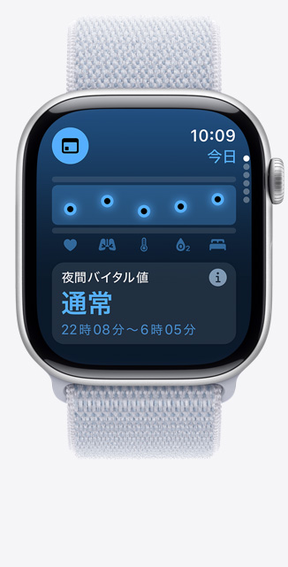 Apple Watch Series 10上のバイタルアプリ画面の前面。夜間の健康指標が標準範囲内であることを示している