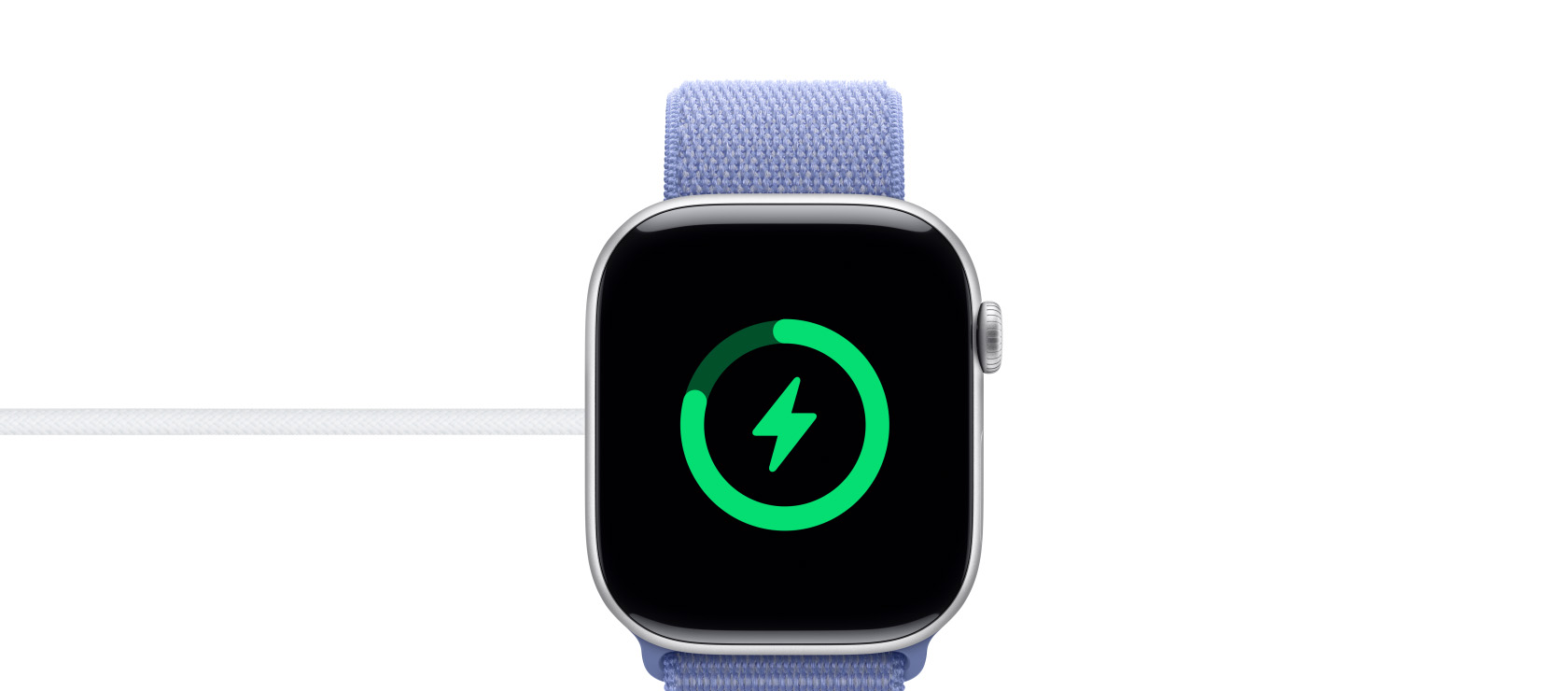 마그네틱 충전기 위에 있는 Apple Watch Series 10에 충전 상태가 표시된 모습.