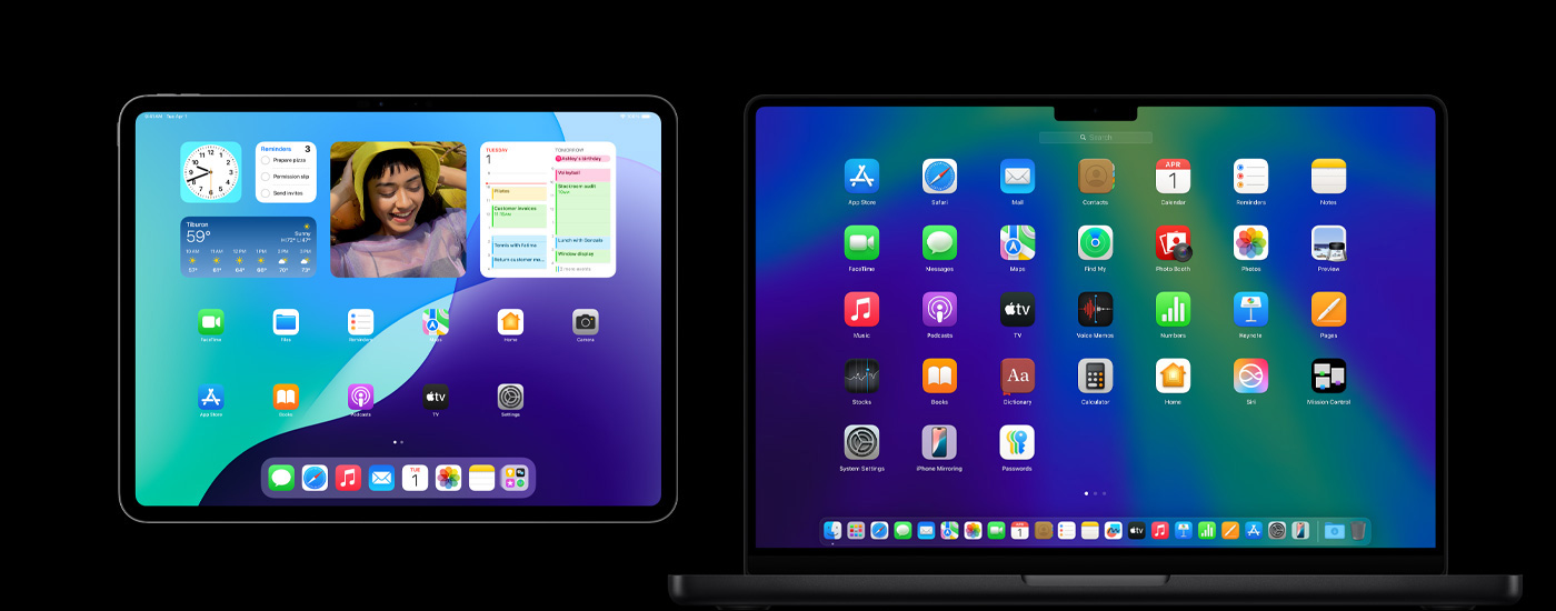 다양한 앱 아이콘이 표시되어 있는 iPad와 Mac의 모습. iPad에는 캘린더, 날씨, 사진 등 여러 위젯도 표시되어 있습니다.