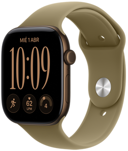 Apple Watch Series 12, caja de aluminio, color bronce oscuro, parte lateral derecha, Digital Crown, micrófono, botón lateral, correa deportiva, color oliva (verde tierra), cierre de encastre color plata