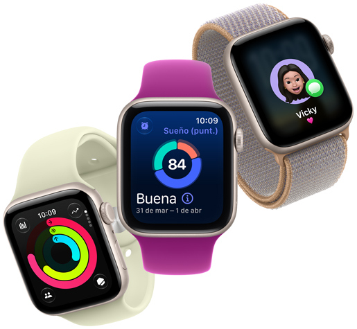 Dispositivos Apple Watch SE 3, caja de aluminio, blanco estelar, pantallas: círculos de Actividad, Puntuación de Sueño, llamada entrante con Memoji, fondo de íconos de apps y funcionalidades de salud, fitness, Música, Mapas y comunicación