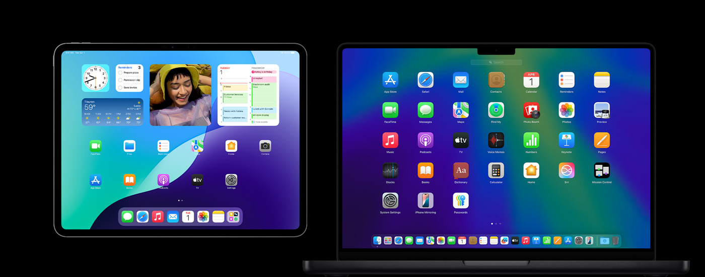 Un iPad y una Mac con varios íconos de apps. En el iPad hay diferentes widgets, como Calendario, Clima y Fotos.